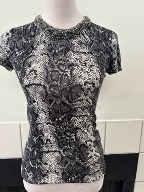 INC Beaded Neck Black & White Snake Print Short Sleeve Top